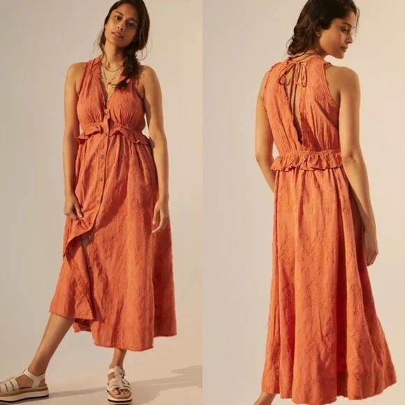 Anthropologie Pilcro Orange Textured Floral Button Front Midi Dress Womens Small - Picture 10 of 10